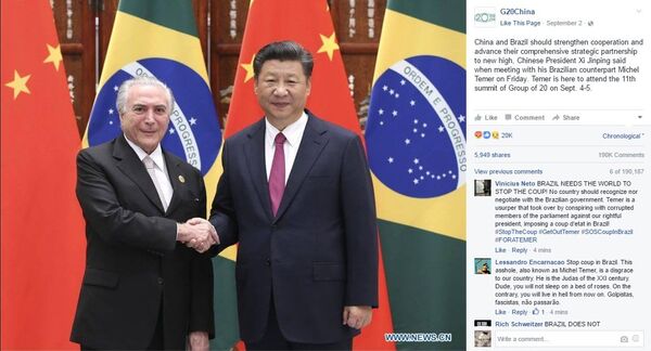 Comentários na foto de Xi Jinping e Michel Temer no G20 - Sputnik Brasil