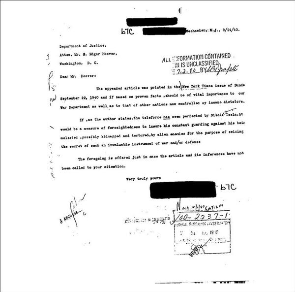 Carta a Edgar Hoover, primeiro diretor do FBI, sobre as potencialidades do raio da morte de Nikola Tesla - Sputnik Brasil