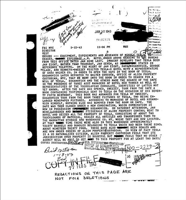 Documento do FBI escrito após a morte de Tesla  - Sputnik Brasil