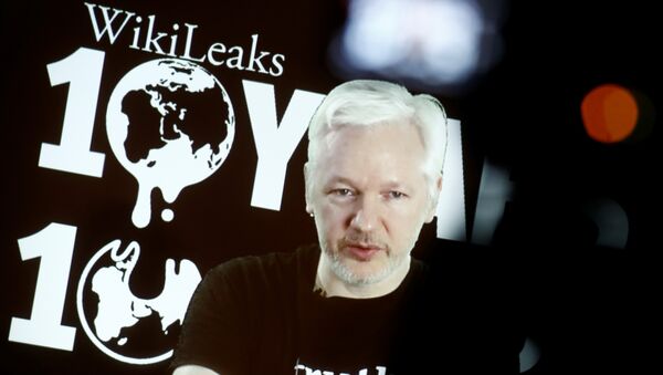 Julian Assange discursando por ocasião dos 10 anos da fundaçãodo Wikileaks, 4 de outubro de 2016 - Sputnik Brasil