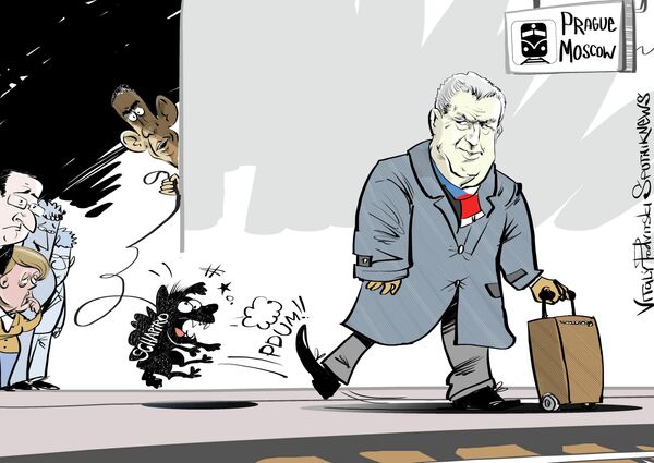 Caricatura sobre o escândalo em torno do embaixador norte-americano na República Tcheca Andrew Shapiro e do presidente do país Milos Zeman. Caricatura sobre o escândalo em torno do embaixador norte-americano na República Tcheca Andrew Shapiro e do presidente do país Milos Zeman. - Sputnik Brasil