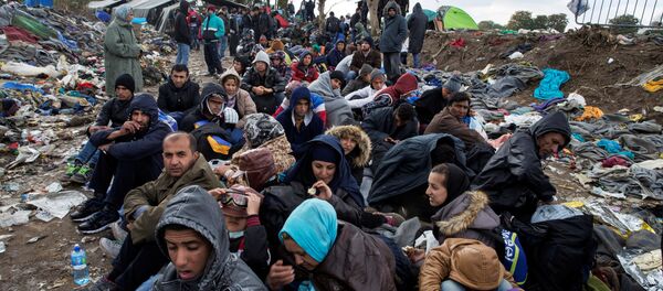 Migrants sit along a road as they wait to cross the border with Croatia near the village of Berkasovo, Serbia October 21, 2015 - Sputnik Brasil