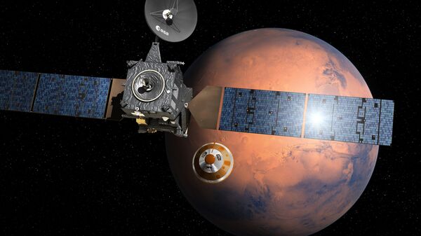 A impressão de um artista da separação do módulo, chamado Schiaparelli, indo a Marte - Sputnik Brasil