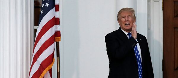 Presidente eleito dos EUA, Donald Trump, grita para os jornalistas junto à porta da sua mansão, em seu campo de golfe de Nova Jersey, em 19 de novembro de 2016 Presidente eleito dos EUA, Donald Trump, grita para os jornalistas junto à porta da sua mansão, em seu campo de golfe de Nova Jersey, em 19 de novembro de 2016 - Sputnik Brasil