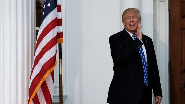 Presidente eleito dos EUA, Donald Trump, grita para os jornalistas junto à porta da sua mansão, em seu campo de golfe de Nova Jersey, em 19 de novembro de 2016 - Sputnik Brasil