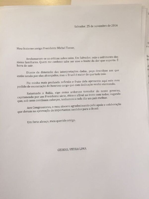 Carta de demissão de Geddel Vieira Lima, enviada ao presidente Michel Temer - Sputnik Brasil