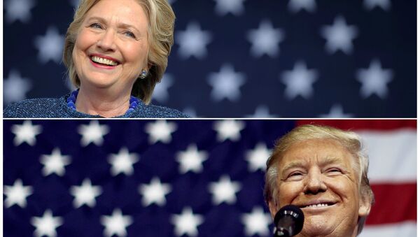 Os candidatos à presidência norte-americana, Hillary Clinton e Donald Trump, discursam durante a campanha eleitoral, na Iowa e no Ohio, em 28 de outubro e 20 de outubro de 2016 - Sputnik Brasil