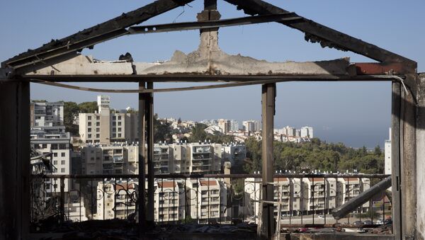The Mediterranean sea and parts of the city can bee sen through a burned house following wildfires in Haifa, Israel, Friday, Nov. 25, 2016. Israeli firefighters reined in a blaze that had spread across the country's third-largest city and forced tens of thousands of people to flee their homes, but continued to battle more than a dozen other fires around the country for the fourth day in a row. - Sputnik Brasil