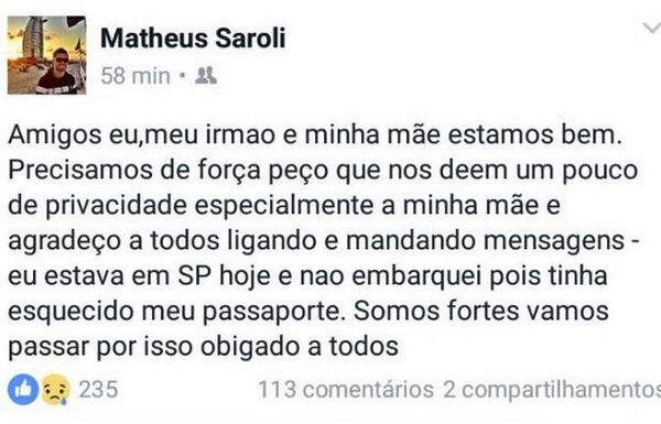 Mensagem Matheus Saroli, filho do técnico Caio Júnior do Chapecoense - Sputnik Brasil