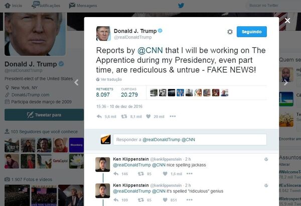 Postagem de Trump no twitter, atualmente removida Postagem de Trump no twitter, atualmente removida - Sputnik Brasil