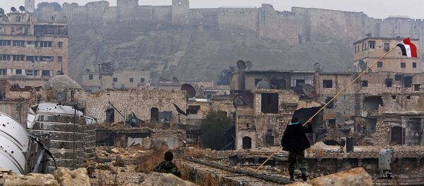 Um membro das forças leais ao presidente da Síria, Bashar Assad, tenta erguer a bandeira nacional da Síria na mesquita de Umayyad, 13 de dezembro de 2016 - Sputnik Brasil