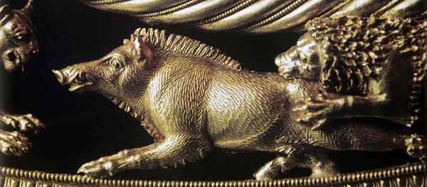 Fragmento de peça em ouro dos citas, exposto no Museu Allard Pierson, em Amsterdã. Fragmento de peça em ouro dos citas, exposto no Museu Allard Pierson, em Amsterdã. - Sputnik Brasil