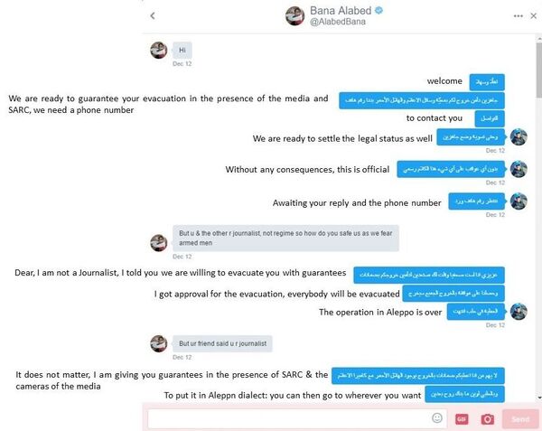 Uma conversa via Twitter entre a conta de Bana e Maytham Al Ashkar - Sputnik Brasil