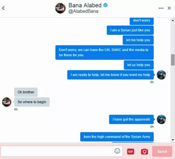 Uma conversa via Twitter entre a conta de Bana e Maytham Al Ashkar Uma conversa via Twitter entre a conta de Bana e Maytham Al Ashkar - Sputnik Brasil