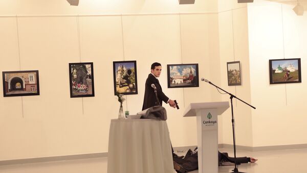 An unnamed gunman gestures after shooting the Russian Ambassador to Turkey, Andrei Karlov, at a photo gallery in Ankara, Turkey. - Sputnik Brasil