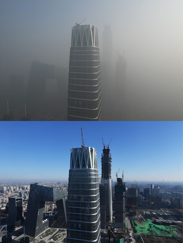 Estas fotos mostram edifícios em Beijing em um dia poluído, 1 de janeiro de 2017 (parte superior), e em um dia limpo, 23 de dezembro de 2016 (parte inferior) - Sputnik Brasil