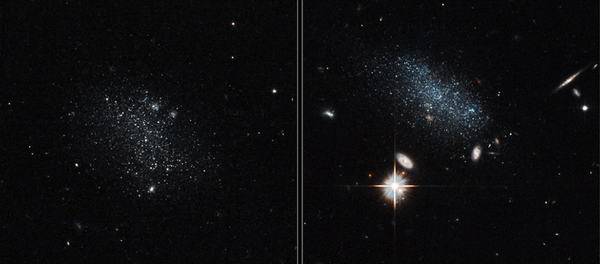 NASA's Hubble Space Telescope has captured the glow of new stars in these small, ancient galaxies, called Pisces A and Pisces B.  Read more at: http://phys.org/news/2016-08-hubble-uncovers-galaxy-pair-wilderness.html#jCp - Sputnik Brasil