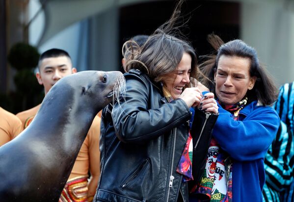 Princesa do Mônaco com sua filha tentam tirar foto com leão-marinho no Festival Internacional de Circo - Sputnik Brasil