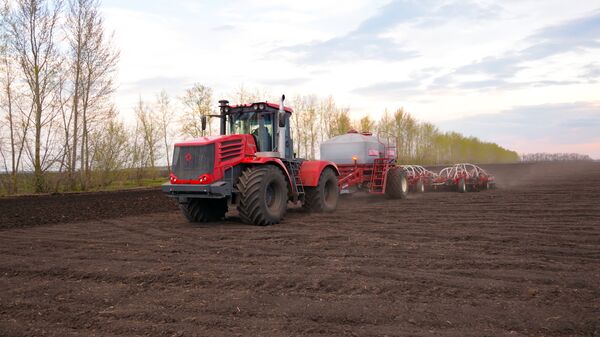 Trator Kirovets lavrando um campo - Sputnik Brasil
