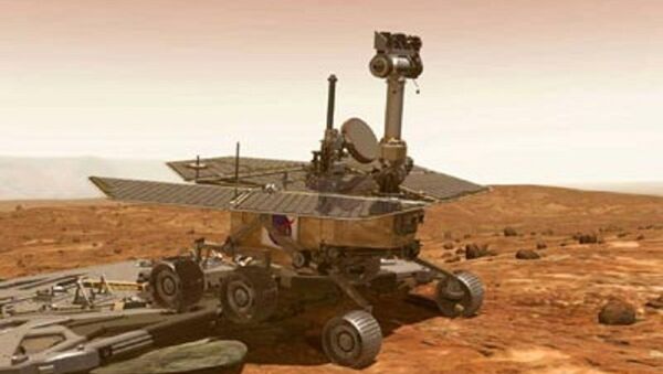 Imagem artística mostra o rover desembarcando após pouso seguro em Marte. Cientistas de Pasadena ouviram um sinal da sonda espacial norte-americana Spirit em 3 de janeiro de 2004, cerca de 20 minutos depois de ela pousar em Marte - Sputnik Brasil