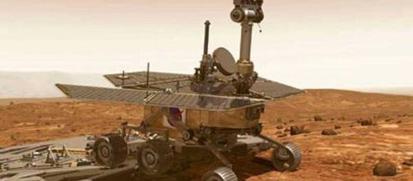 Imagem artística mostra o rover desembarcando após pouso seguro em Marte. Cientistas de Pasadena ouviram um sinal da sonda espacial norte-americana Spirit em 3 de janeiro de 2004, cerca de 20 minutos depois de ela pousar em Marte - Sputnik Brasil