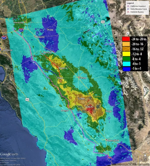 Mapa de subsidência total da vale Joaquin Valley, na Califórnia, EUA Mapa de subsidência total da vale Joaquin Valley, na Califórnia, EUA - Sputnik Brasil
