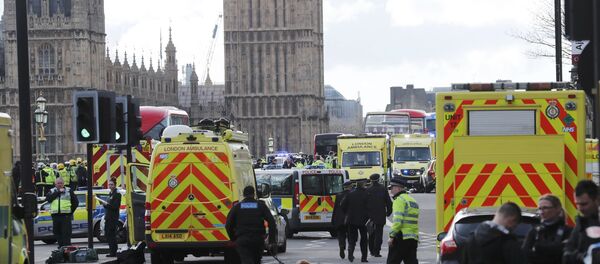 Agentes dos serviços de emergências ajudam no socorro às vítimas do ataque na ponte de Westminster, em Londres - Sputnik Brasil