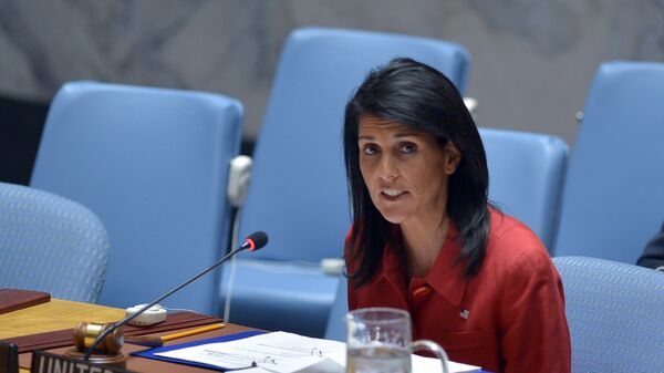 Embaixadora dos EUA na ONU e presidente do Conselho de Segurança da ONU, Nikki Haley, fala durante uma reunião do Conselho de Segurança da ONU sobre a Síria, na sede da ONU em Nova York - Sputnik Brasil