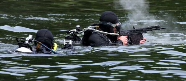 Combat swimmer firing a special underwater machine gun (APS) Combat swimmer firing a special underwater machine gun (APS) - Sputnik Brasil