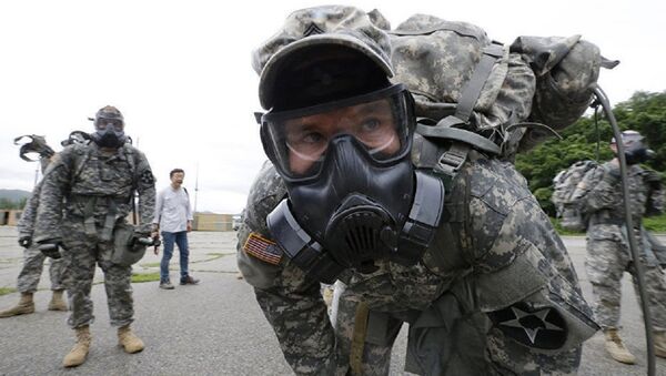 Militares do batalhão de guerra química do exército dos EUA numa base militar na Coreia do Sul - Sputnik Brasil
