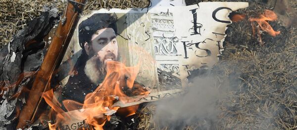 Foto queimada do líder terrorista al-Baghdadi no protesto em Nova Delhi realizado em 9 junho de 2017 - Sputnik Brasil