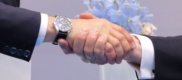 O aperto de mão entre o presidente dos EUA, Donald Trump, e seu homólogo russo, Vladimir Putin, em 7 de julho de 2017, durante a cúpula do G20 - Sputnik Brasil