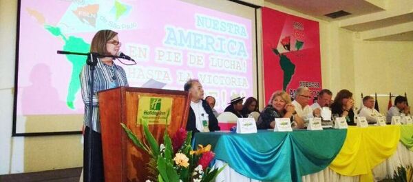 Presidente do PT Gleisi Hoffmann fala na abertura do 23.º Encontro do Foro de São Paulo - Sputnik Brasil