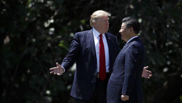 President Donald Trump gestures as he and Chinese President Xi Jinping walk together after their meetings at Mar-a-Lago in Palm Beach, Fla - Sputnik Brasil