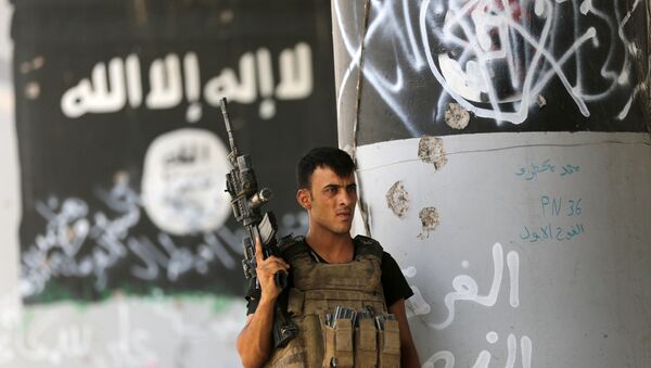 Um membro das forças anti-terroristas iraquianas realizada a sua guarda próximo a um grafite do grupo terrorista Daesh, em Fallujah, Iraque. - Sputnik Brasil