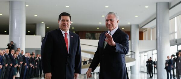 Agenda de Horacio Cartes e Michel Temer incluiu intercâmbio comercial, combate ao narcotráfico e acordo Mercosul-UE Agenda de Horacio Cartes e Michel Temer incluiu intercâmbio comercial, combate ao narcotráfico e acordo Mercosul-UE - Sputnik Brasil