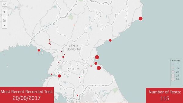 Imagem gráfica de 20 locais já utilizados pela Coreia do Norte para lançar os seus mísseis desde 1984 - Sputnik Brasil