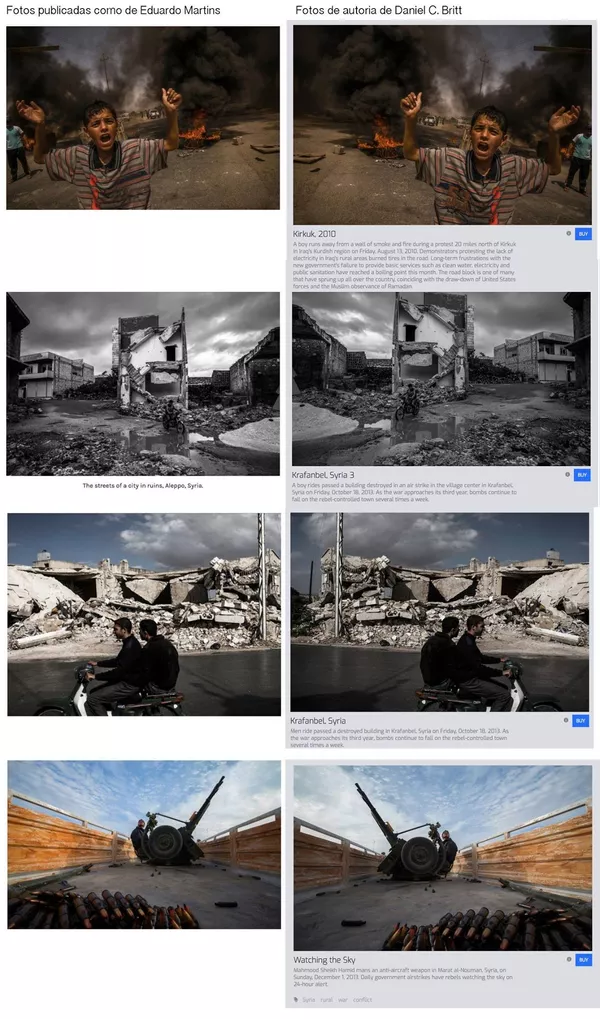 Comparativo mostram as fotos roubadas por Eduardo Martins e as originais de Daniel C. Britt. O falso fotógrafo muitas vezes editava as legendas, classificando como Aleppo e Mossul, locais no Iraque, Afeganistão e até mesmo no Congo. Comparativo mostram as fotos roubadas por Eduardo Martins e as originais de Daniel C. Britt. O falso fotógrafo muitas vezes editava as legendas, classificando como Aleppo e Mossul, locais no Iraque, Afeganistão e até mesmo no Congo. - Sputnik Brasil