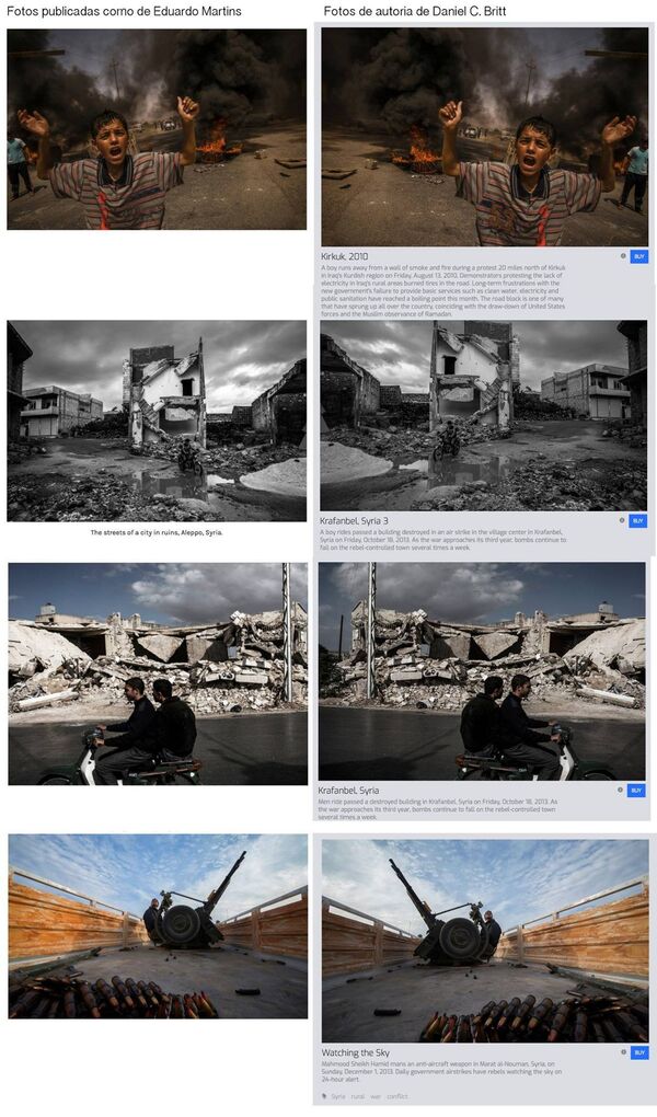 Comparativo mostram as fotos roubadas por Eduardo Martins e as originais de Daniel C. Britt. O falso fotógrafo muitas vezes editava as legendas, classificando como Aleppo e Mossul, locais no Iraque, Afeganistão e até mesmo no Congo. - Sputnik Brasil