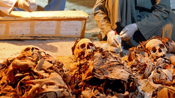 Arqueólogos egípcios no recém-descoberto túmulo com múmias em Luxor, Egito, em 9 de setembro de 2017 - Sputnik Brasil