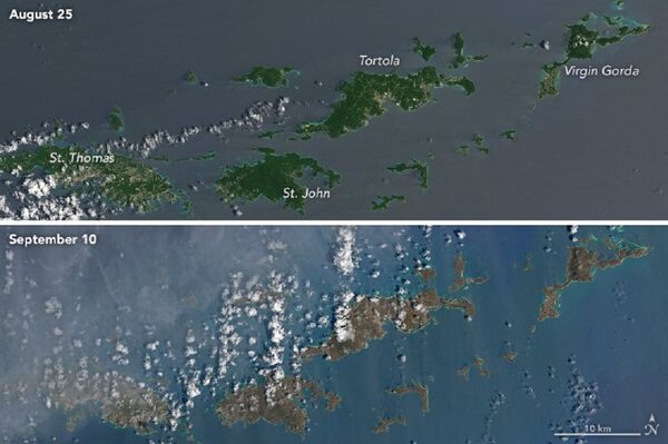 Comparação das imagens das Ilhas Virgens Britânicas e dos Estados Unidos em 25 de agosto e em 10 de setembro Comparação das imagens das Ilhas Virgens Britânicas e dos Estados Unidos em 25 de agosto e em 10 de setembro - Sputnik Brasil