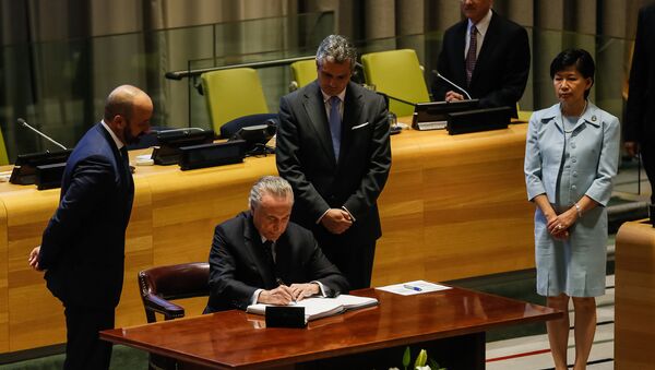 Presidente Michel Temer durante cerimônia de assinatura do Tratado para a Proibição de Armas Nucleares - Sputnik Brasil