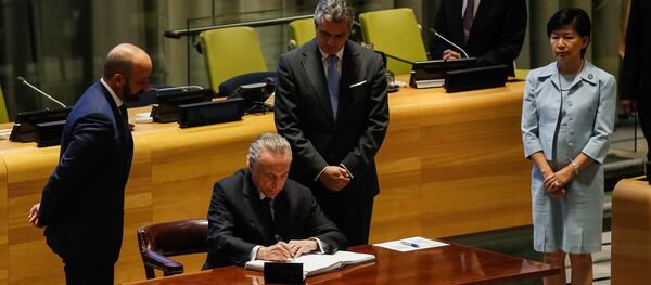 Presidente Michel Temer durante cerimônia de assinatura do Tratado para a Proibição de Armas Nucleares - Sputnik Brasil