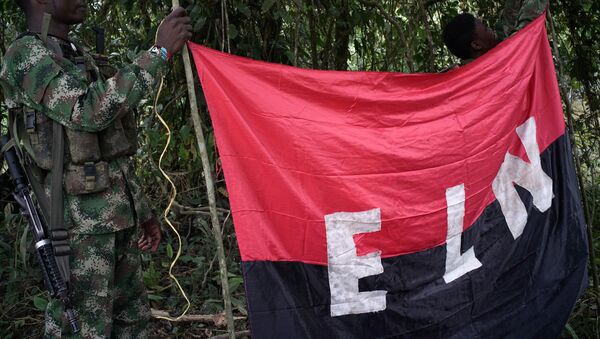 Los rebeldes del Ejército de Liberación Nacional (ELN) sostienen un estandarte en las selvas del noroeste de Colombia - Sputnik Brasil