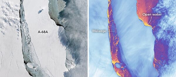 Iceberg gigantesco A-68 que se separou da geleira Larsen na Antártida em julho de 2017 Iceberg gigantesco A-68 que se separou da geleira Larsen na Antártida em julho de 2017 - Sputnik Brasil