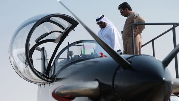 Visitante examina um avião de turboélice, B-250, produzido pela empresa CALIDUS, durante o Salão Aeroespacial Dubai Airshow 2017, nos Emirados Árabes Unidos - Sputnik Brasil