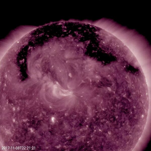 Imagem de um buraco coronal grande no disco solar, caraterística dominante da superfície desta estrela gigante, na primeira semana de novembro - Sputnik Brasil