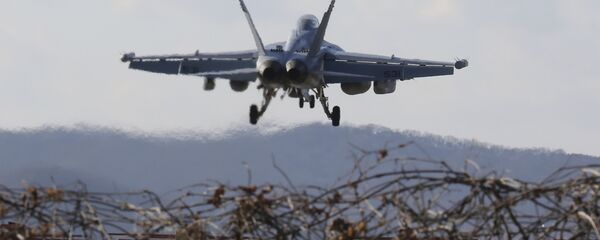 Avião de combate dos EUA EA-18G Growler se prepara para aterrissar na base aérea norte-americana em Pyeongtaek, Coreia do Sul, 4 de dezembro de 2017 - Sputnik Brasil